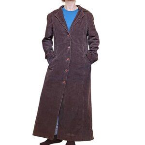 90s Y2K Womens Brown Corduroy Long Trench Coat Overcoat Sz M L Cotton
